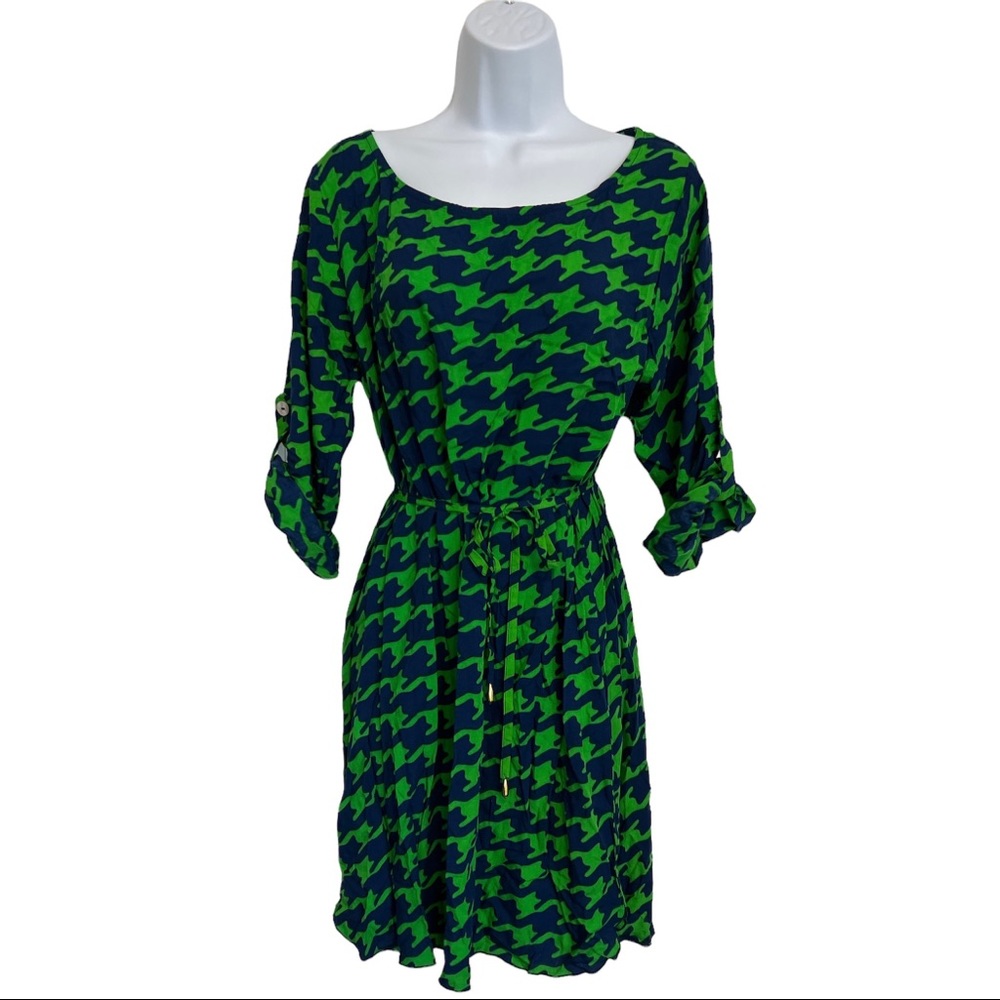 Escapada Womens Navy Emerald Herringbone Long Sleeve Everyday Dress Size M